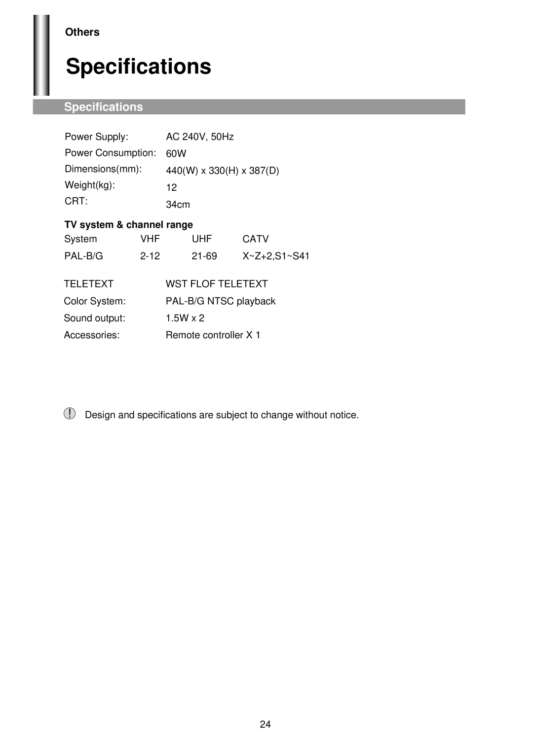 Palsonic 3425G owner manual Specifications 