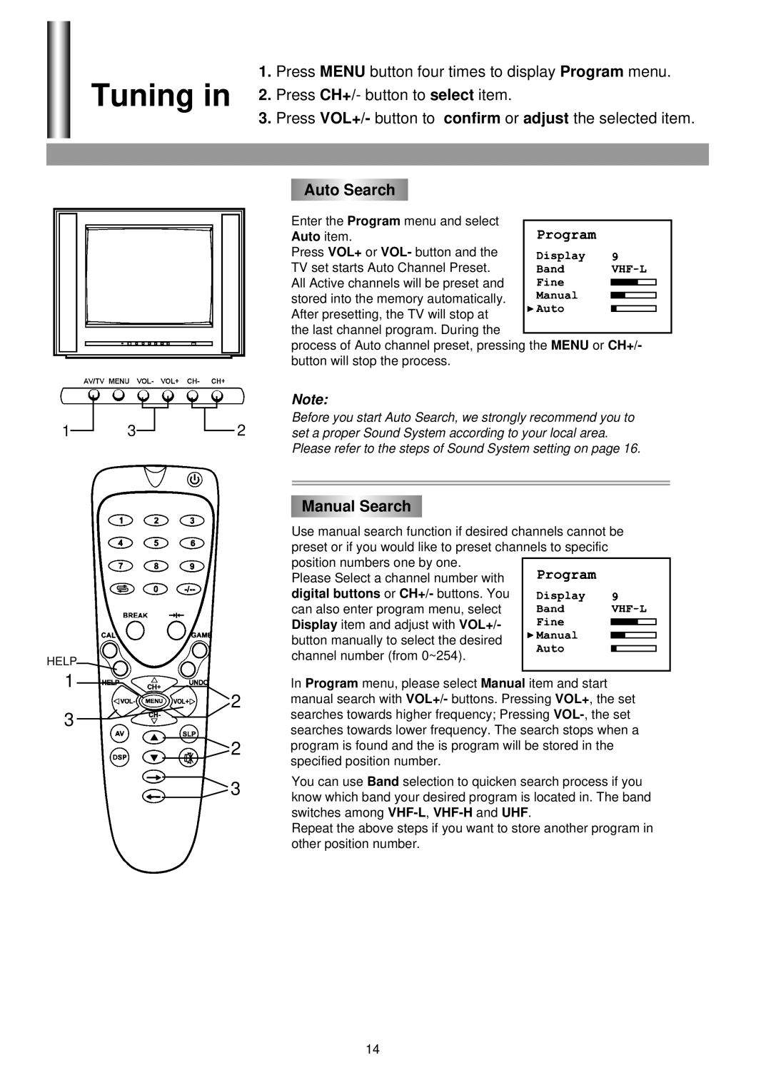 Palsonic 3430G owner manual Tuning, Auto Search, Manual Search 