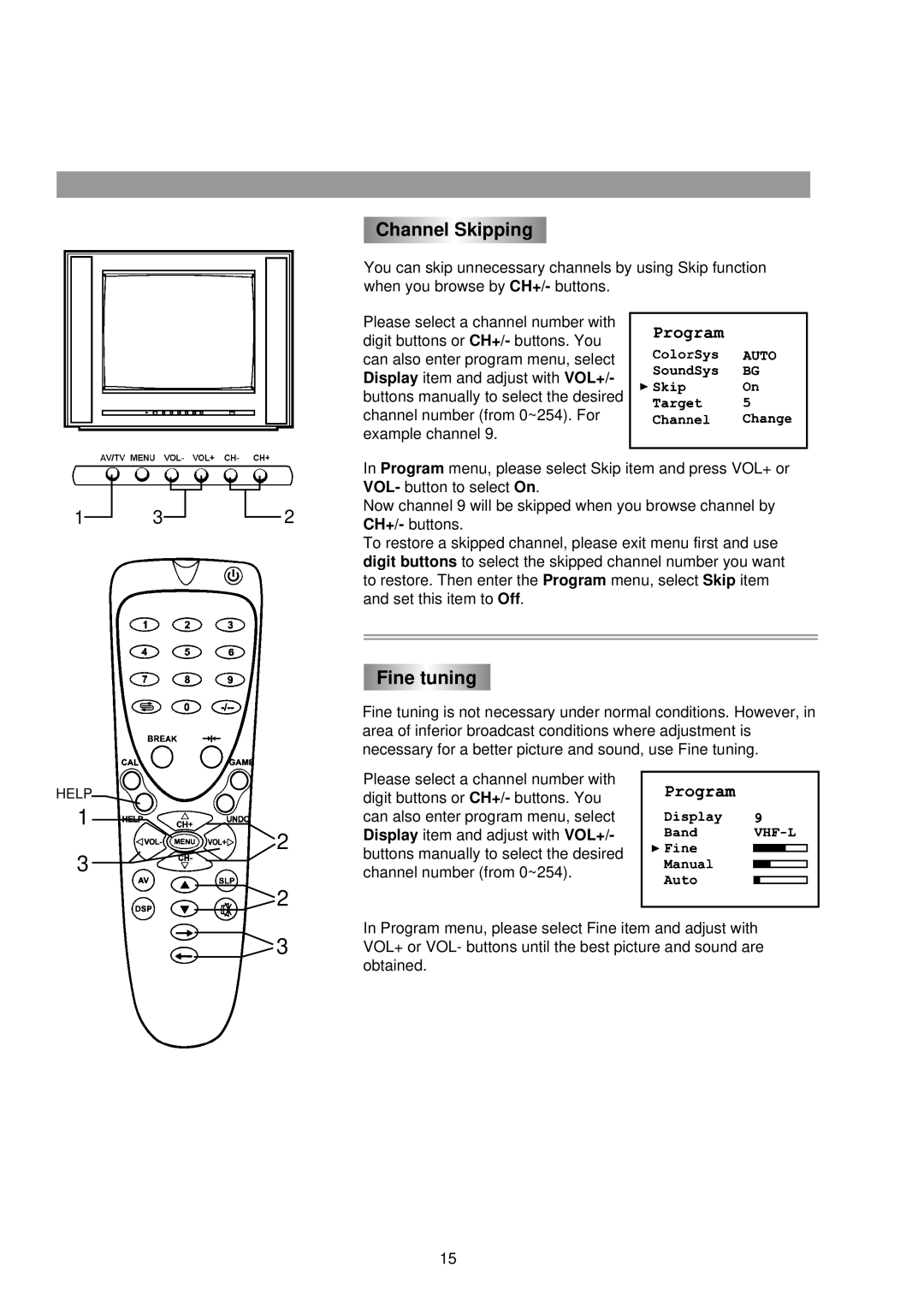 Palsonic 3430G owner manual Channel Skipping, Fine tuning 