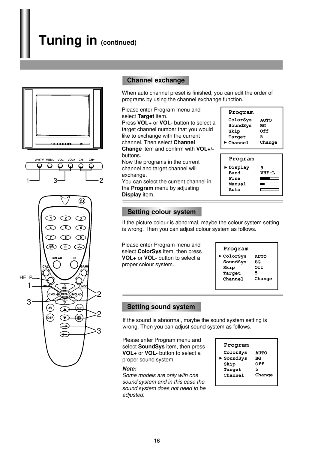 Palsonic 3430G owner manual Tuning Channel exchange, Setting colour system, Setting sound system 