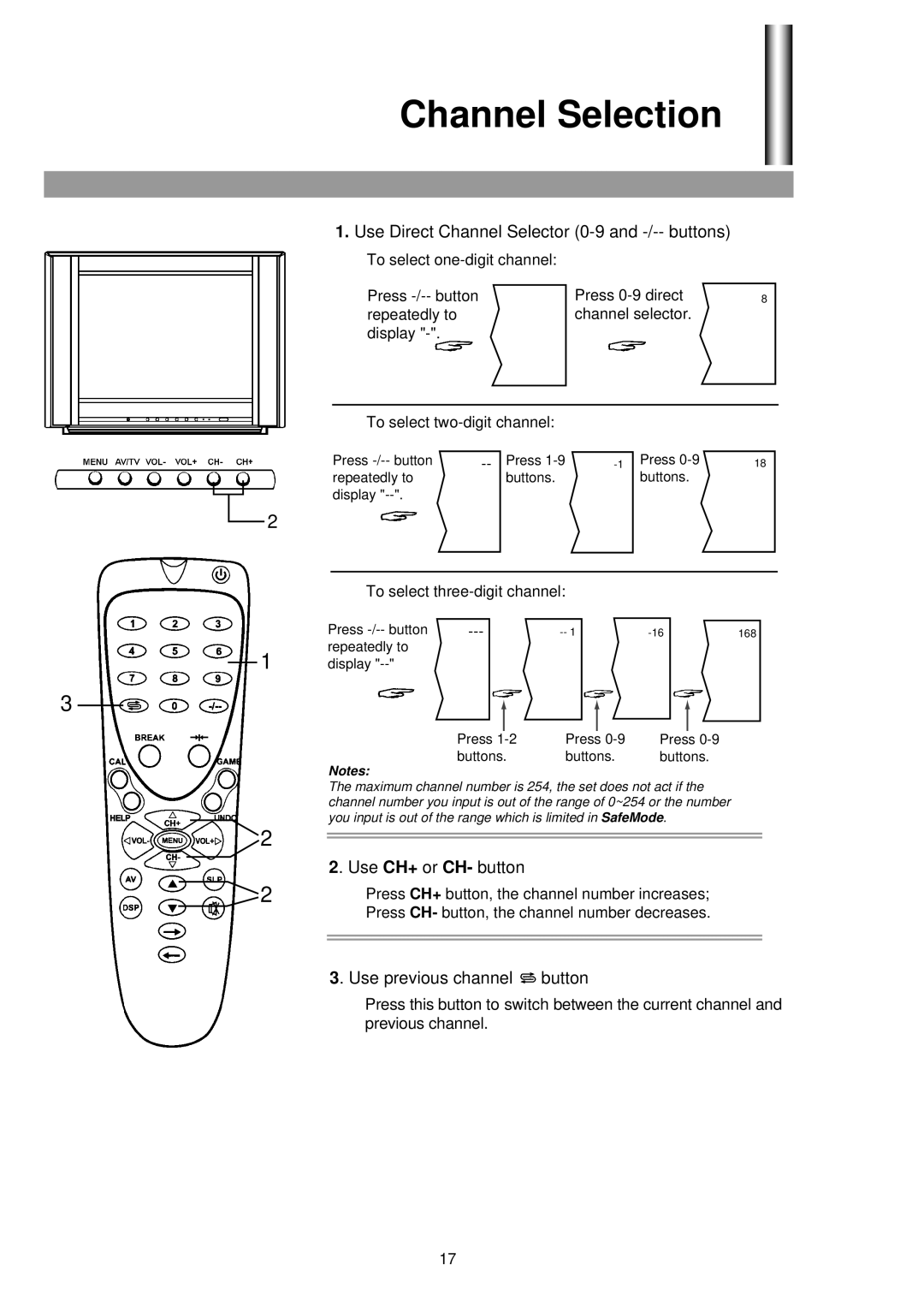 Palsonic 3430G owner manual Channel Selection, Use Direct Channel Selector 0-9 and -/-- buttons 