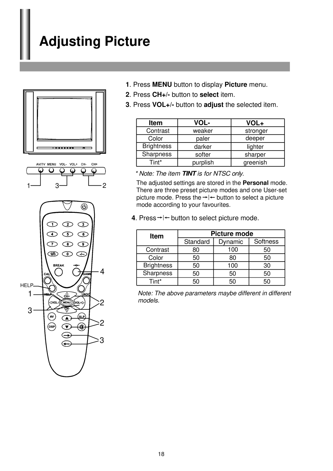 Palsonic 3430G owner manual Adjusting Picture, Picture mode 