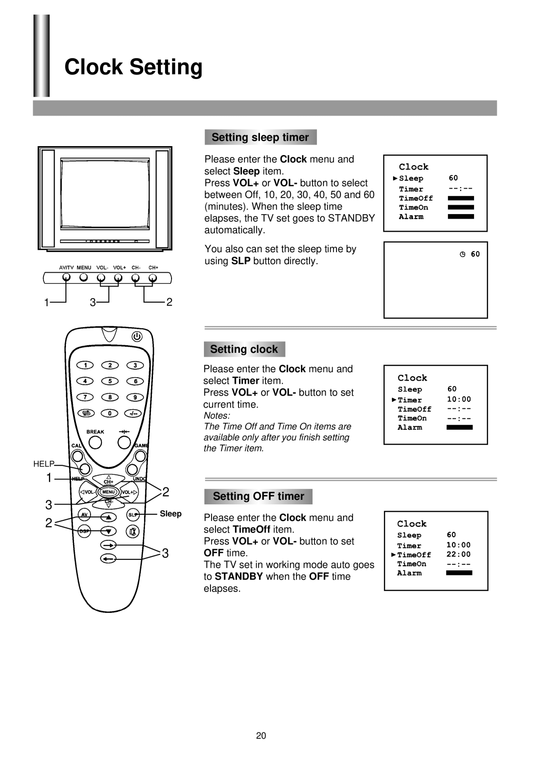 Palsonic 3430G owner manual Clock Setting, Setting sleep timer, Setting clock, Setting OFF timer 