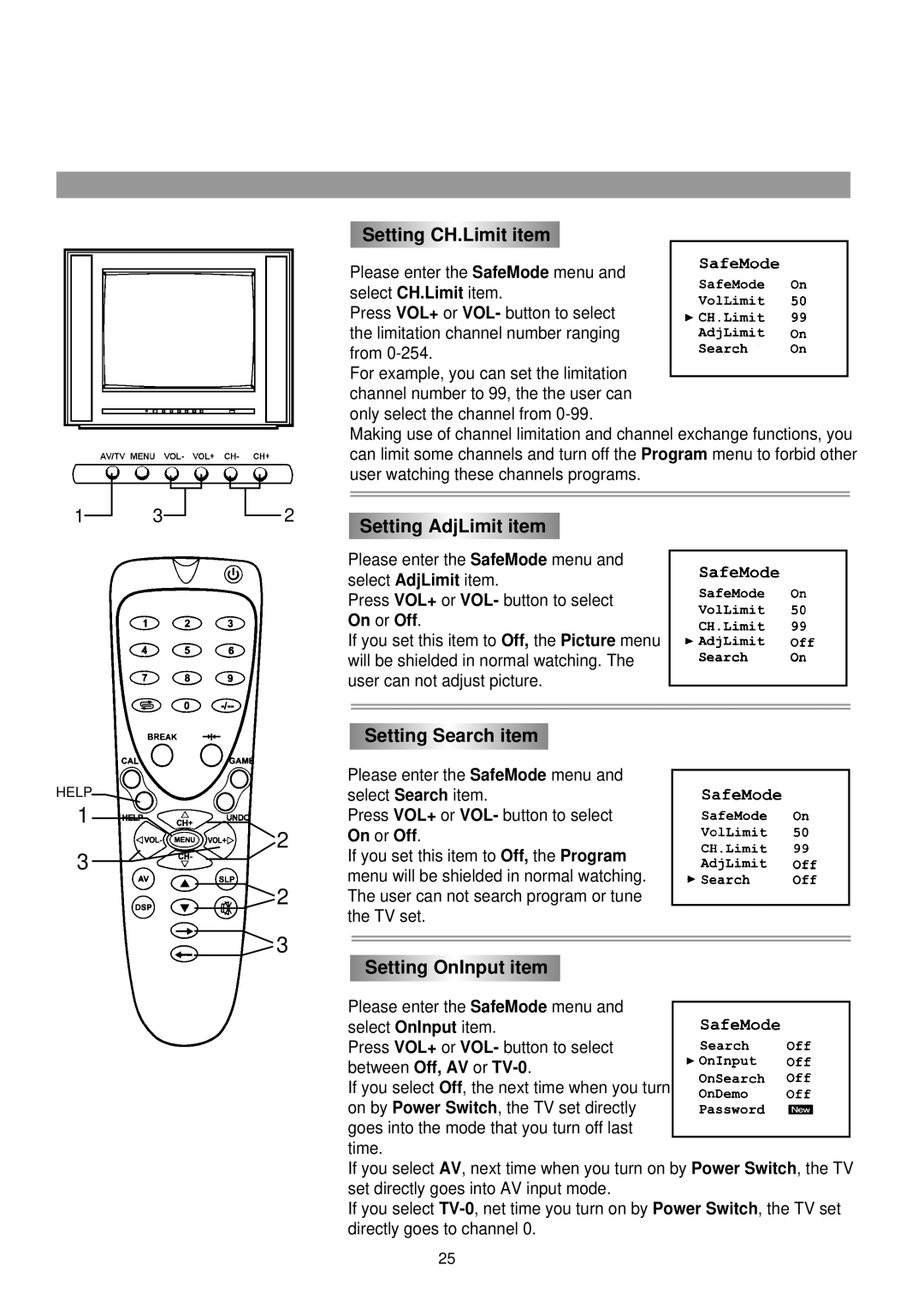 Palsonic 3430G owner manual Setting CH.Limit item, Setting AdjLimit item, Setting Search item, Setting OnInput item 