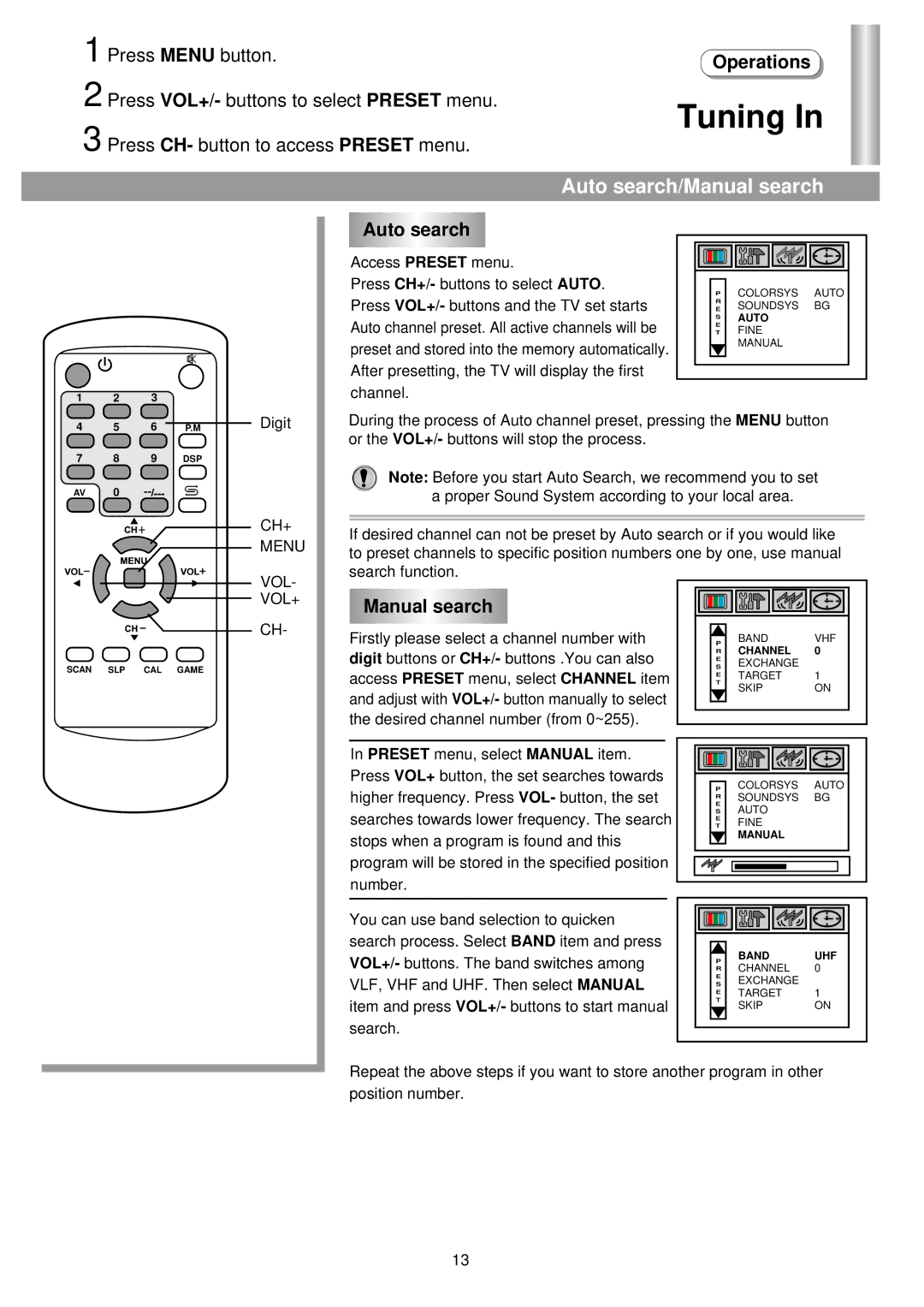 Palsonic 3430GM owner manual Auto search/Manual search 