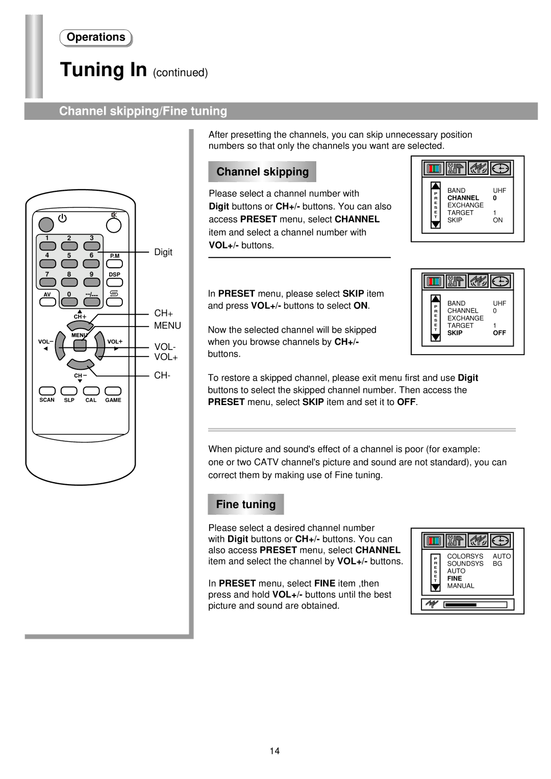 Palsonic 3430GM owner manual Channel skipping/Fine tuning 