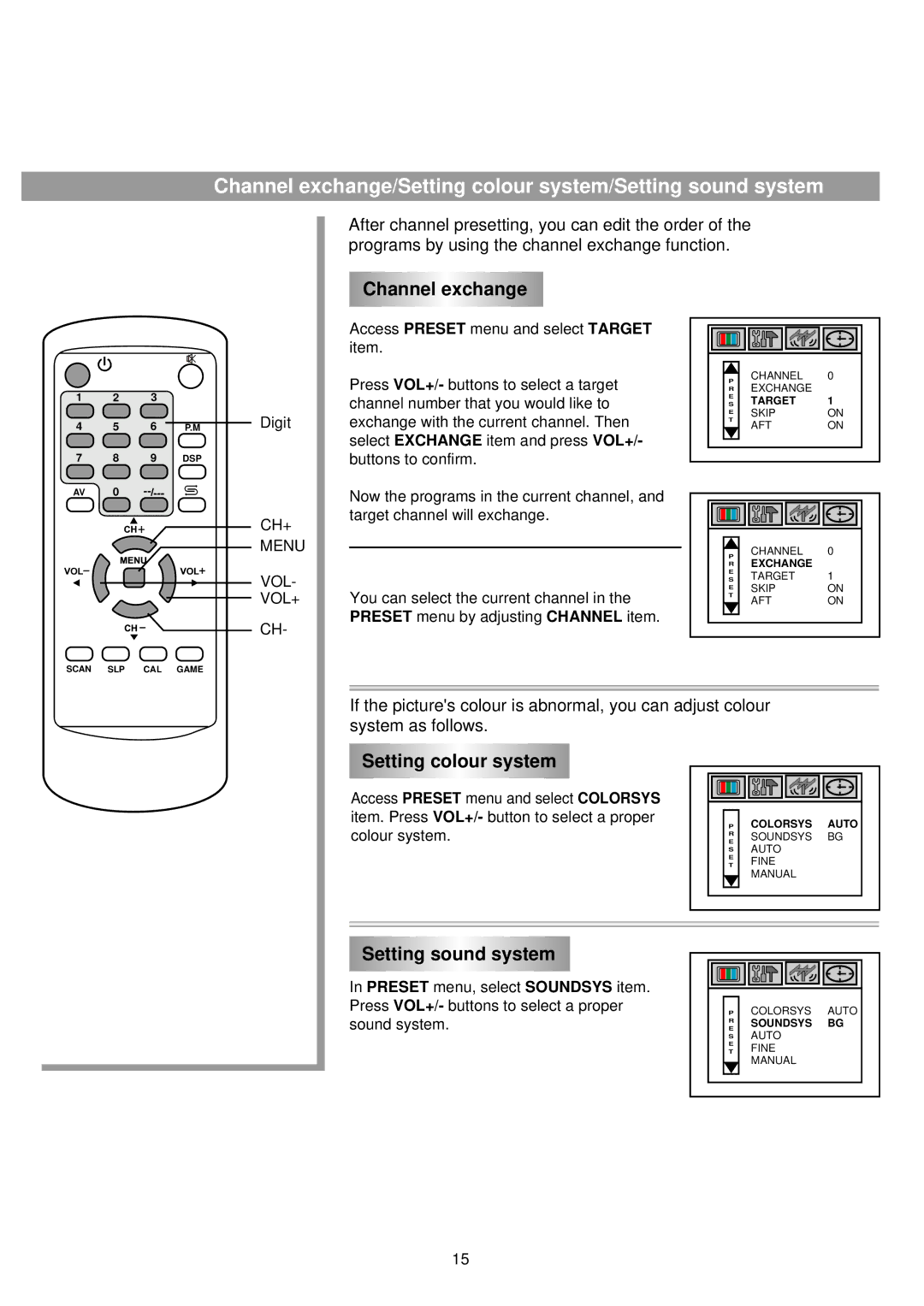 Palsonic 3430GM owner manual Channel exchange/Setting colour system/Setting sound system 