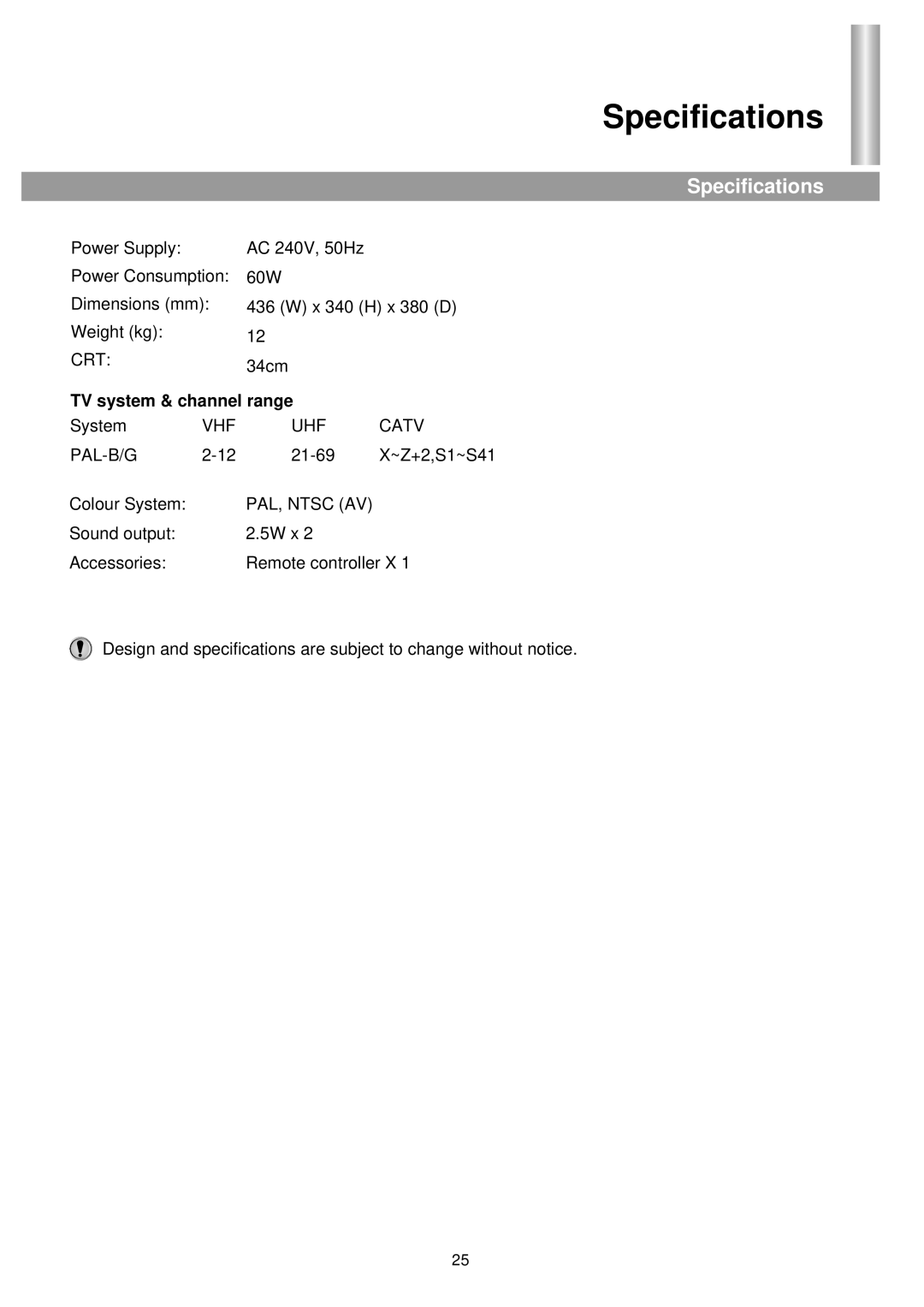 Palsonic 3430GM owner manual Specifications 