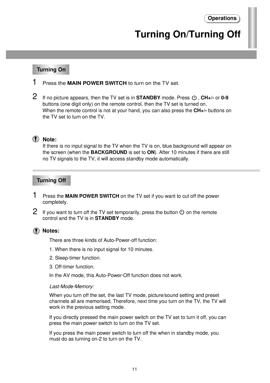 Palsonic 3435TS owner manual Turning On/Turning Off 