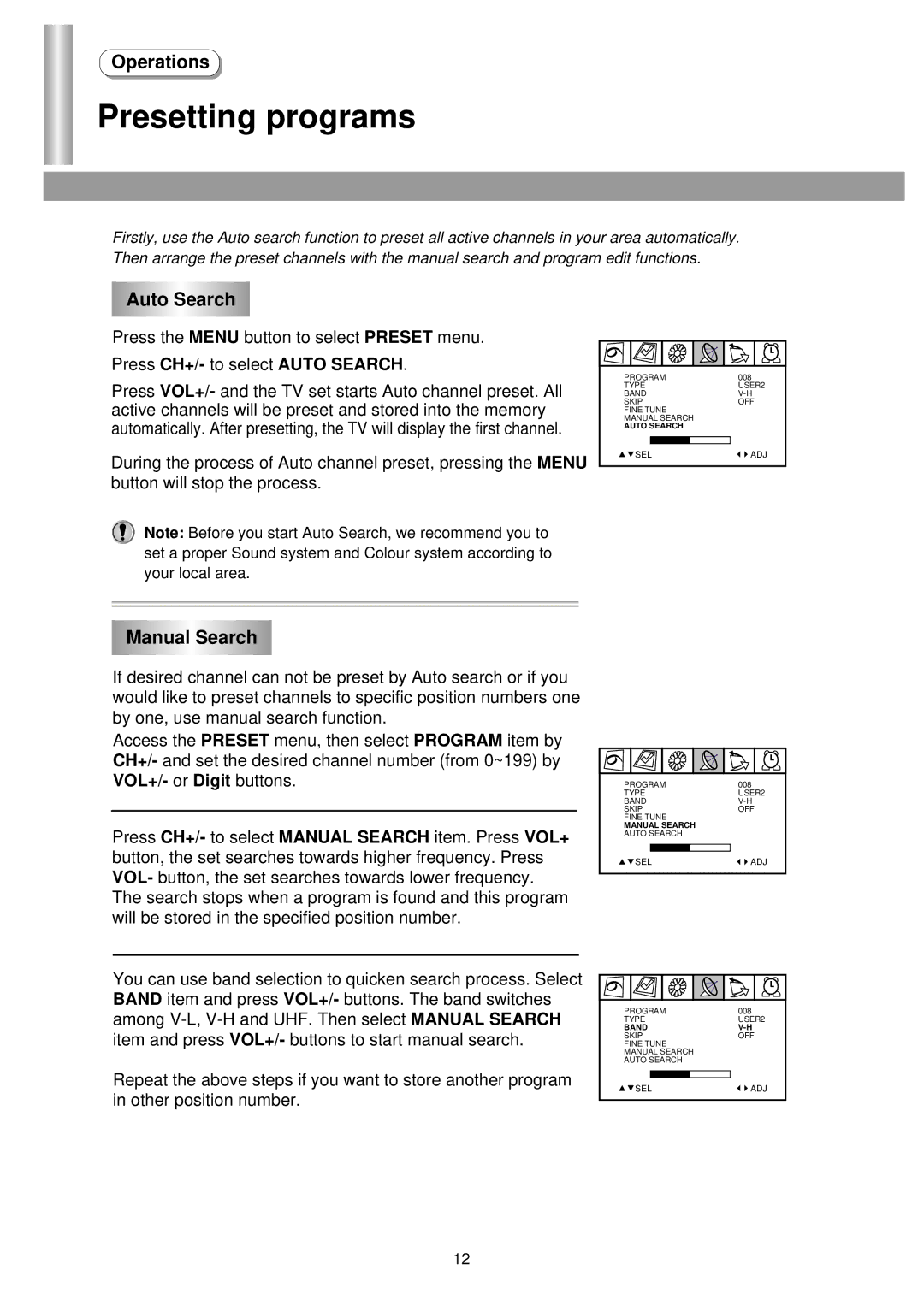 Palsonic 3435TS owner manual Presetting programs, Auto Search, Manual Search 