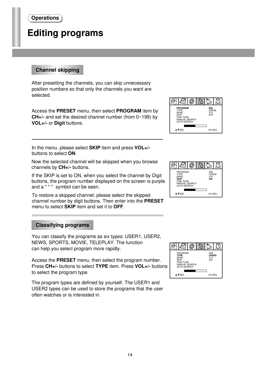 Palsonic 3435TS owner manual Editing programs, Channel skipping, Classifying programs 