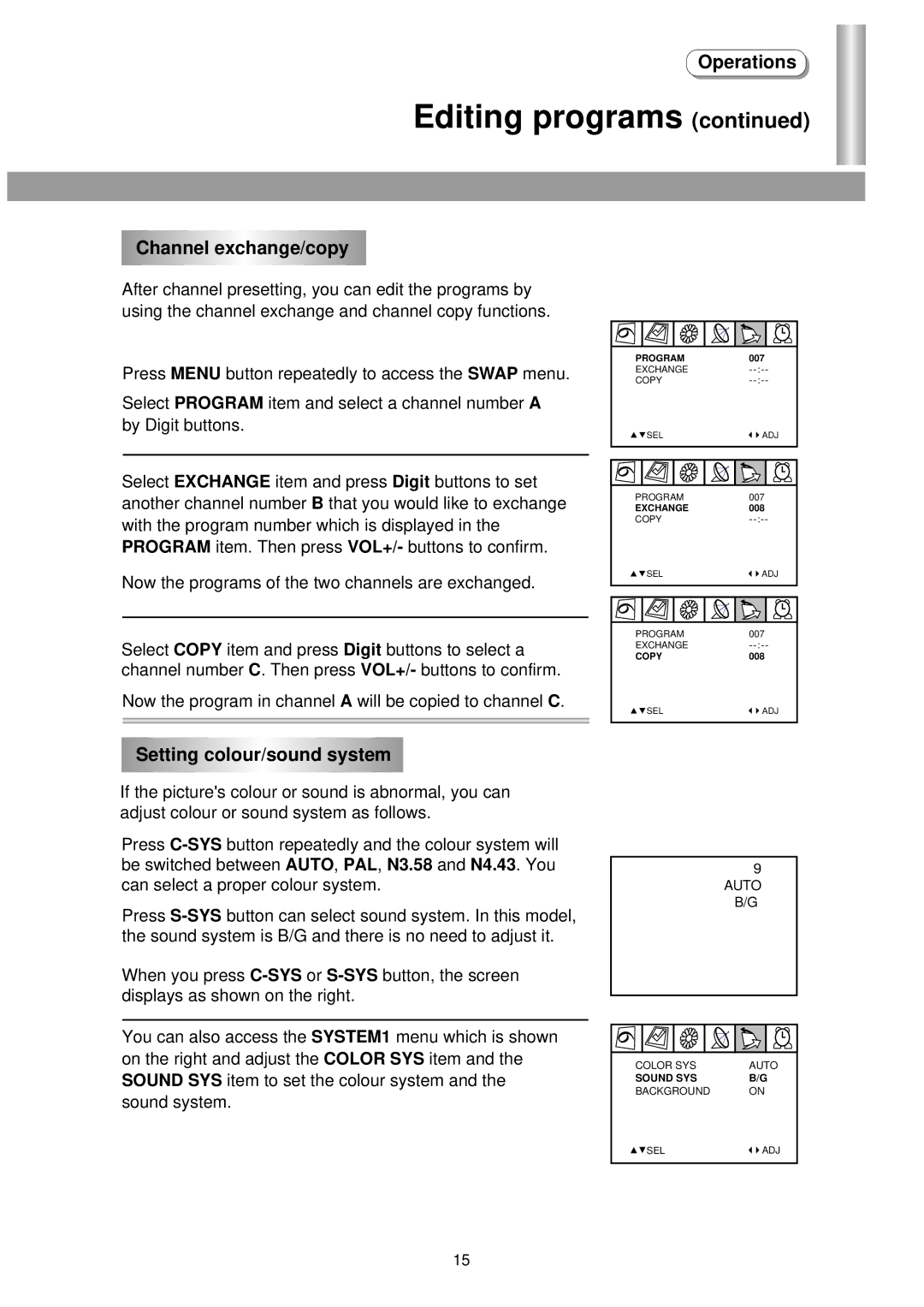 Palsonic 3435TS owner manual Channel exchange/copy, Setting colour/sound system 