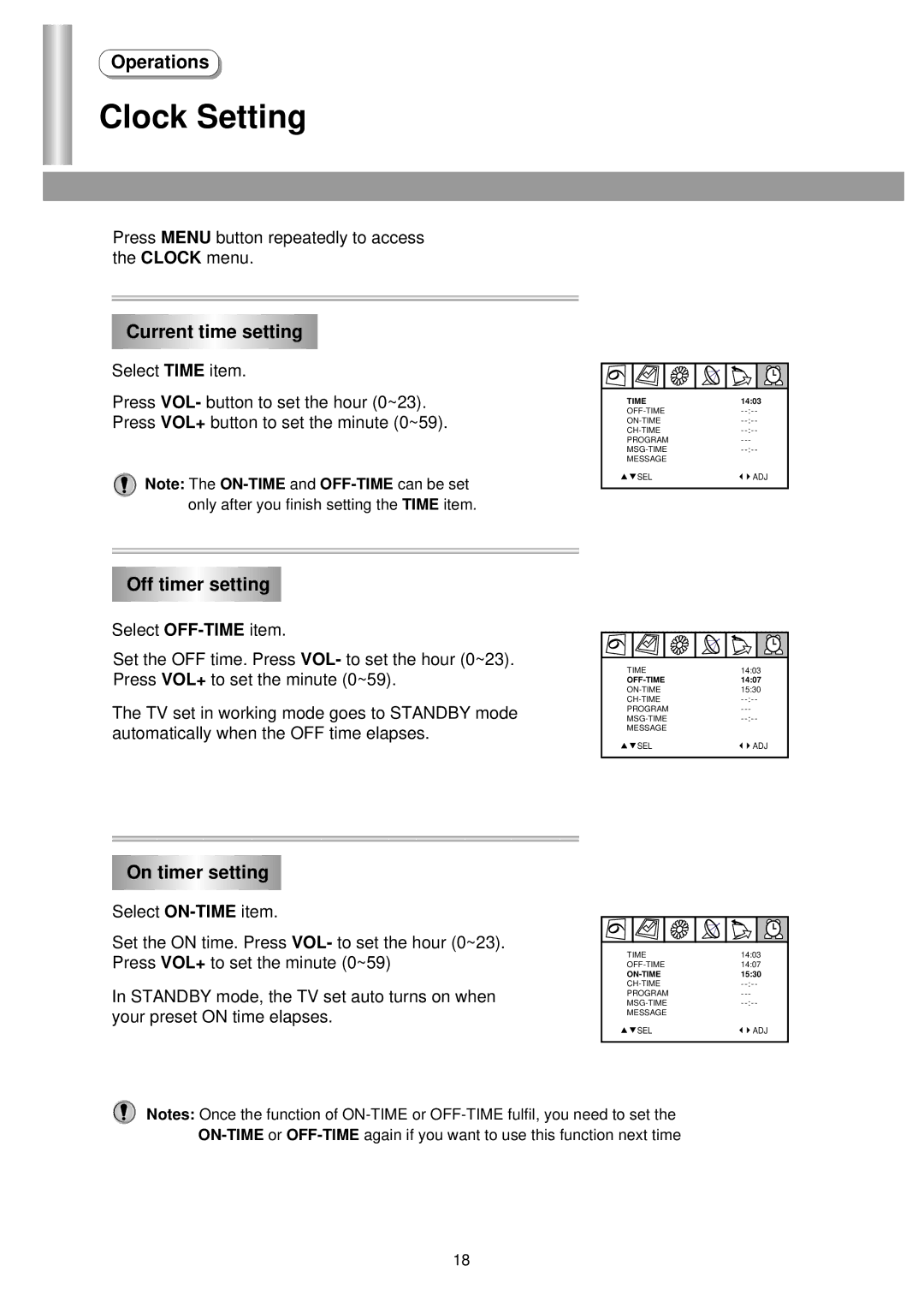 Palsonic 3435TS owner manual Clock Setting, Current time setting, Off timer setting, On timer setting 