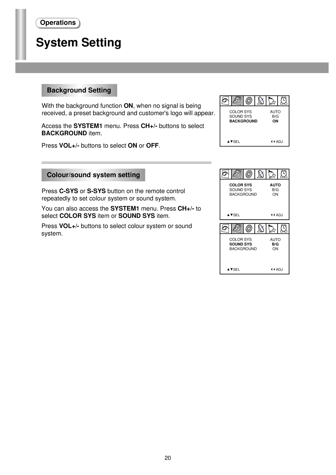 Palsonic 3435TS owner manual System Setting, Background Setting, Colour/sound system setting 