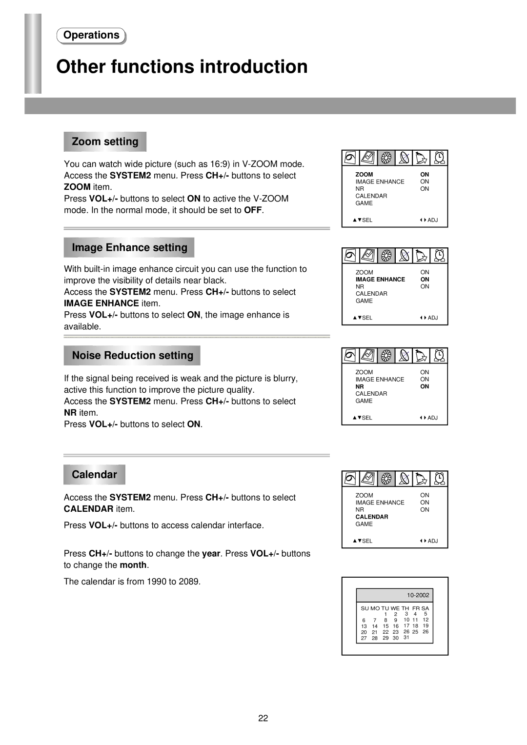 Palsonic 3435TS owner manual Zoom setting, Image Enhance setting, Noise Reduction setting, Calendar 