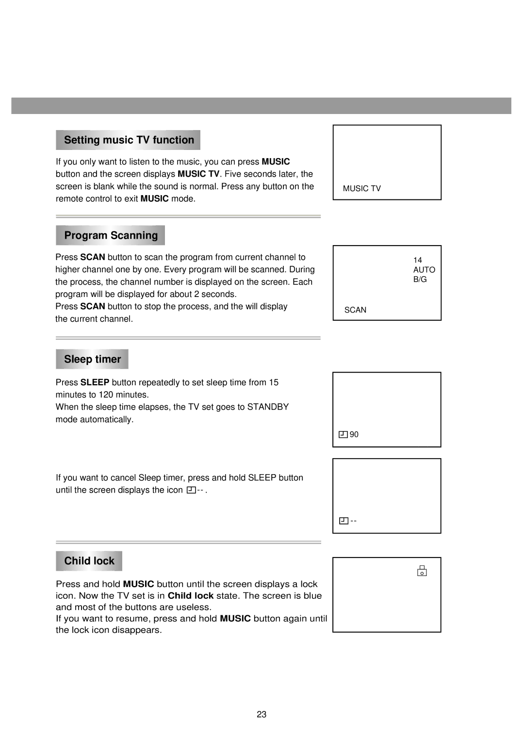Palsonic 3435TS owner manual Setting music TV function, Program Scanning, Sleep timer, Child lock 