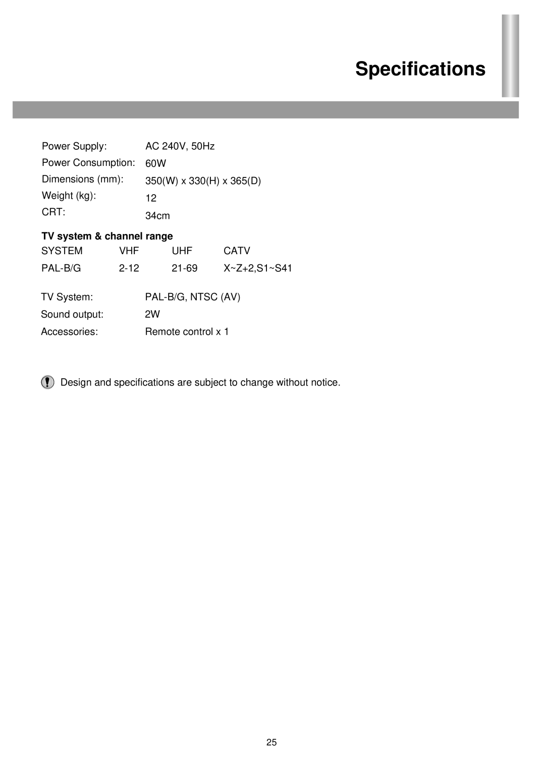 Palsonic 3435TS owner manual Specifications, TV system & channel range 