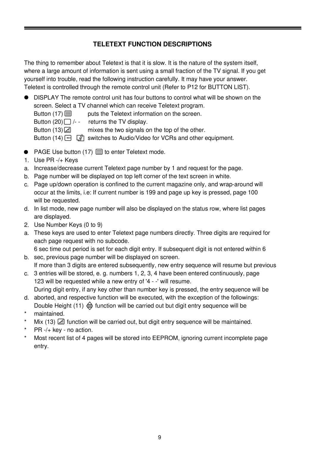 Palsonic 3490 owner manual Teletext Function Descriptions 