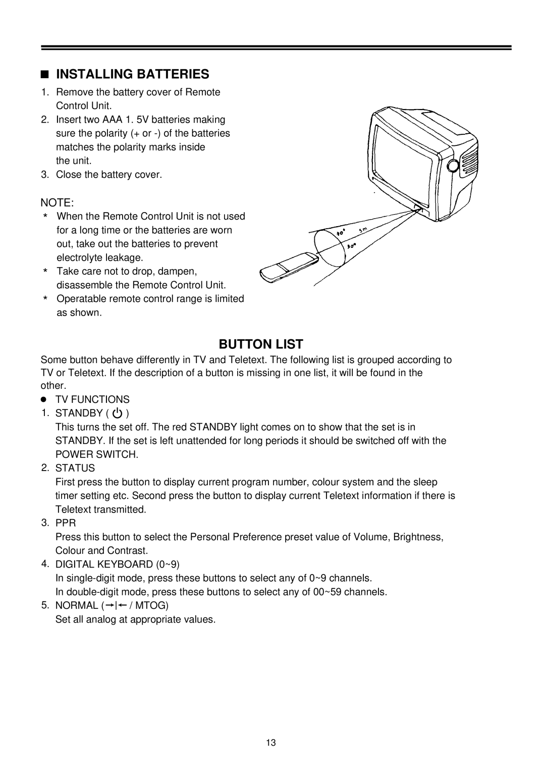 Palsonic 3490 owner manual Installing Batteries, Button List, TV Functions, Power Switch Status 