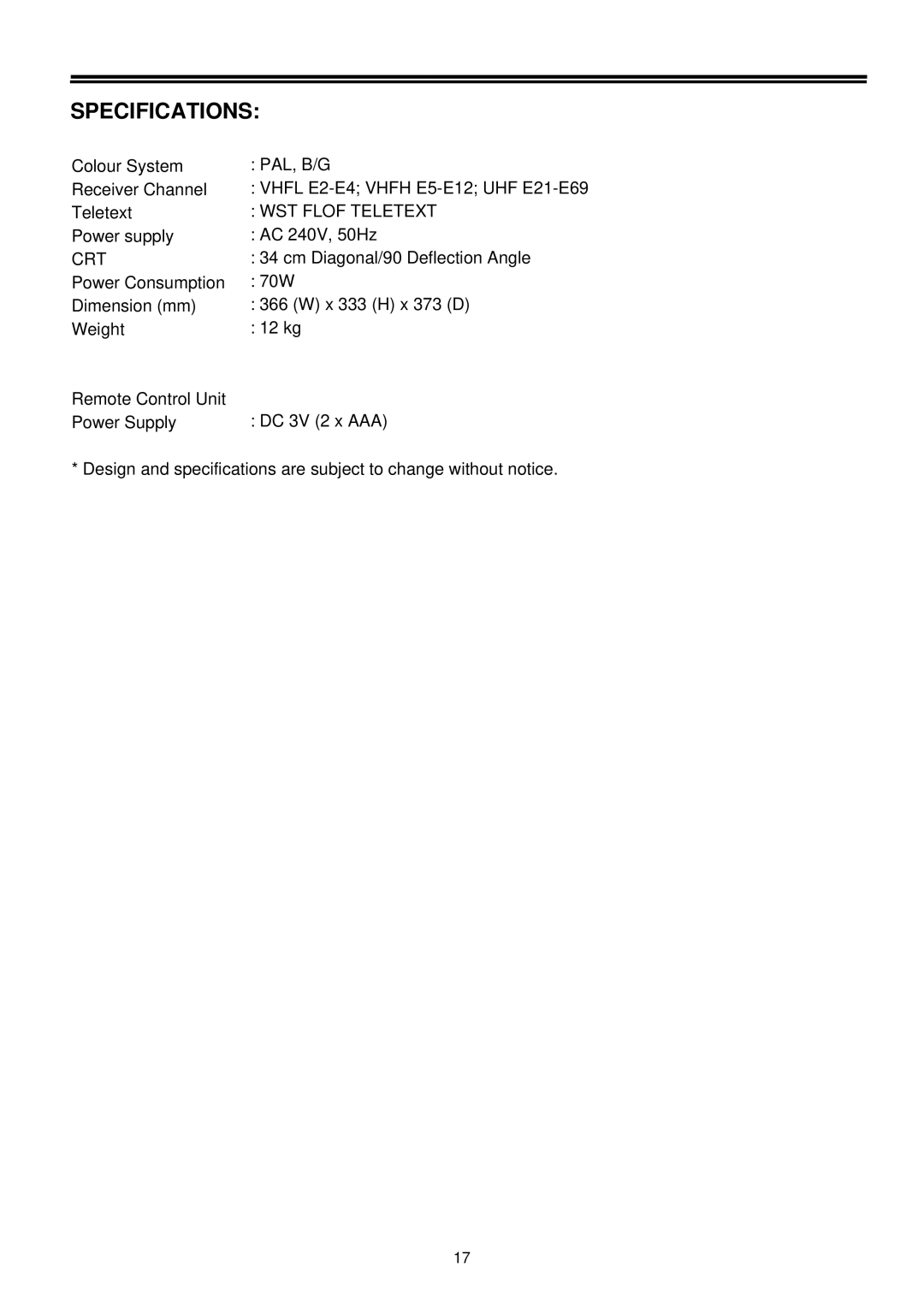 Palsonic 3490 owner manual Specifications, Crt, WST Flof Teletext 