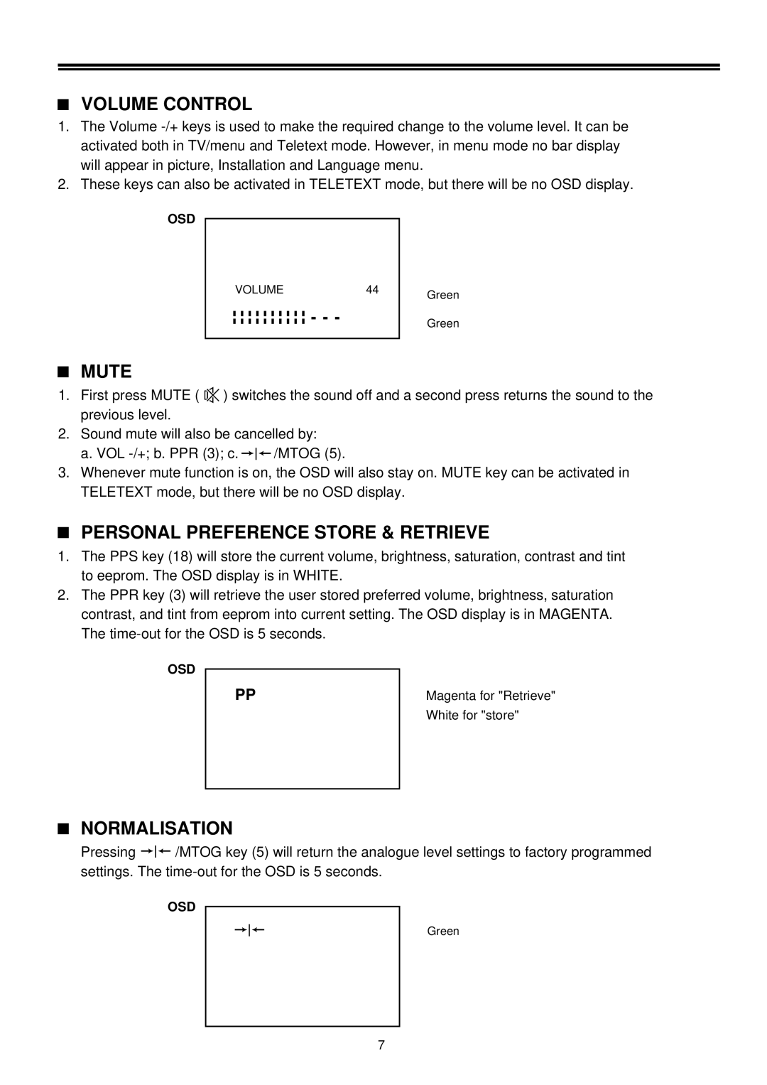 Palsonic 3490 owner manual Volume Control, Mute, Personal Preference Store & Retrieve, Normalisation 