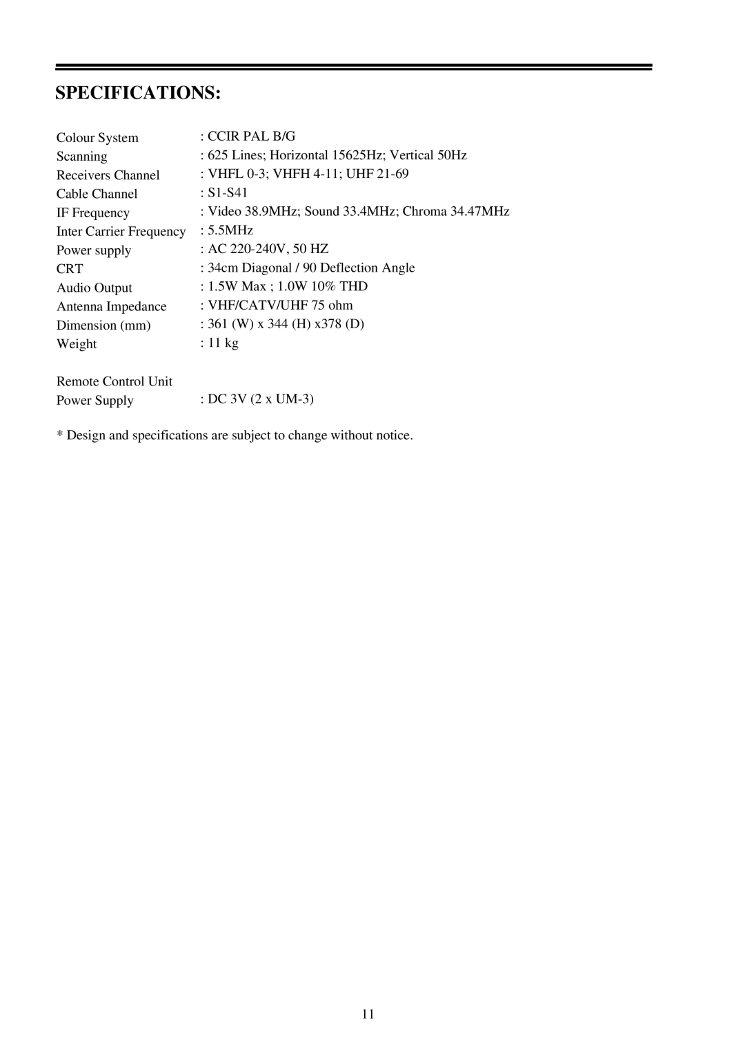 Palsonic 3498 owner manual Specifications 