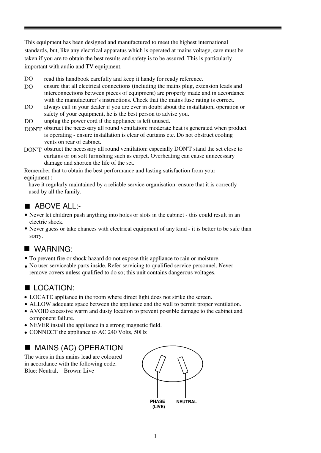 Palsonic 3498 owner manual Above ALL, Location, Mains AC Operation 