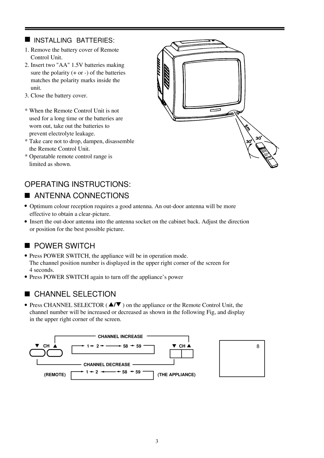 Palsonic 3498 owner manual Operating Instructions Antenna Connections, Power Switch, Channel Selection 