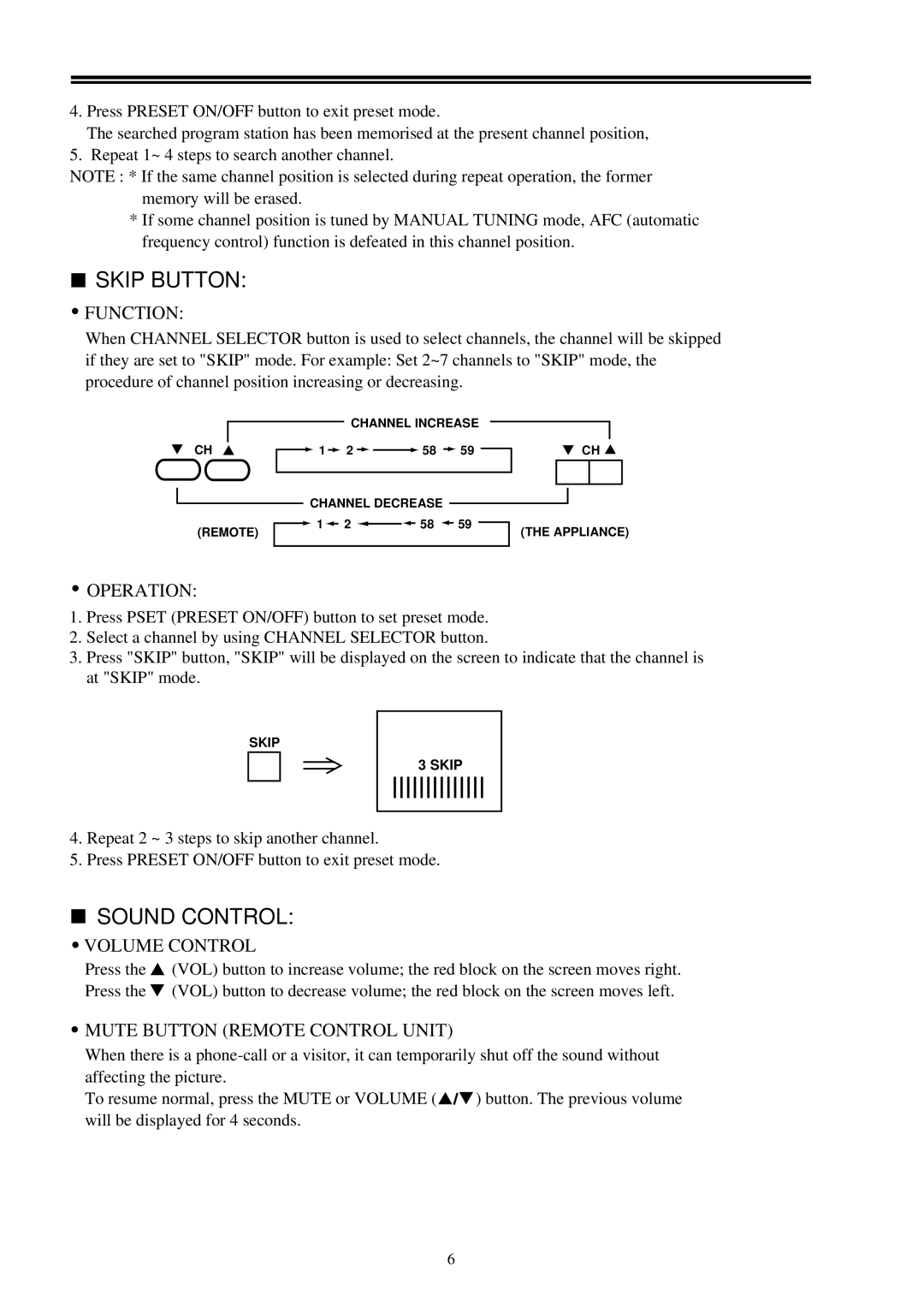 Palsonic 3498 owner manual Skip Button, Sound Control 