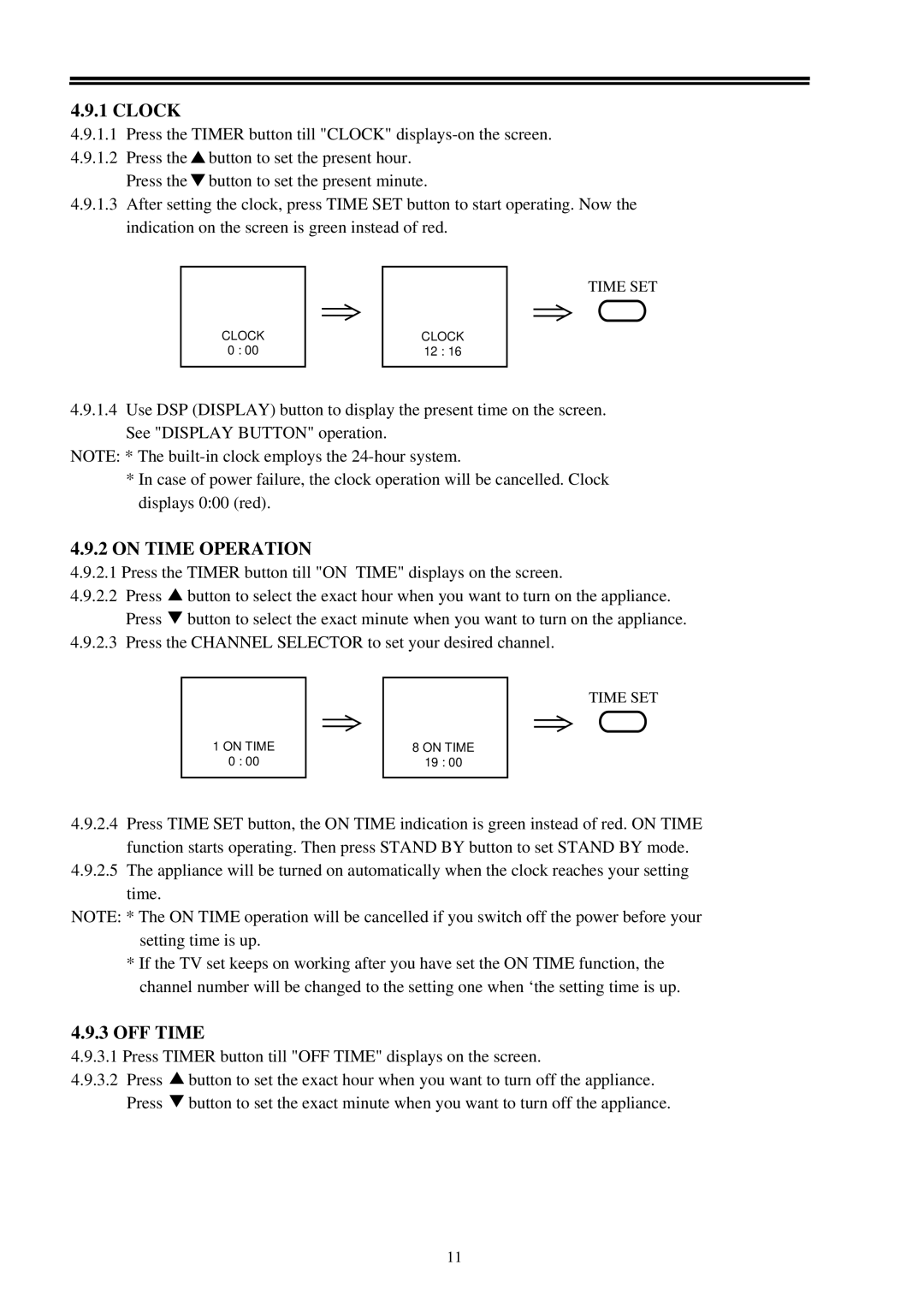 Palsonic 3499 owner manual Clock, On Time Operation 