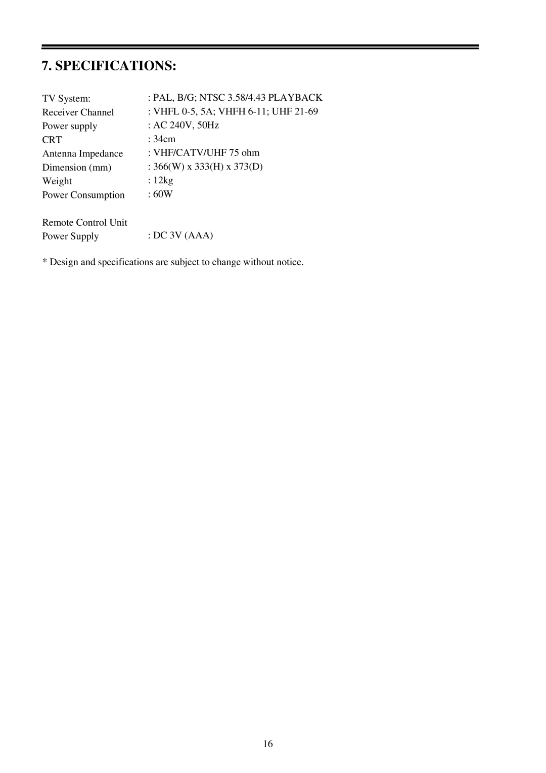 Palsonic 3499 owner manual Specifications, Crt 