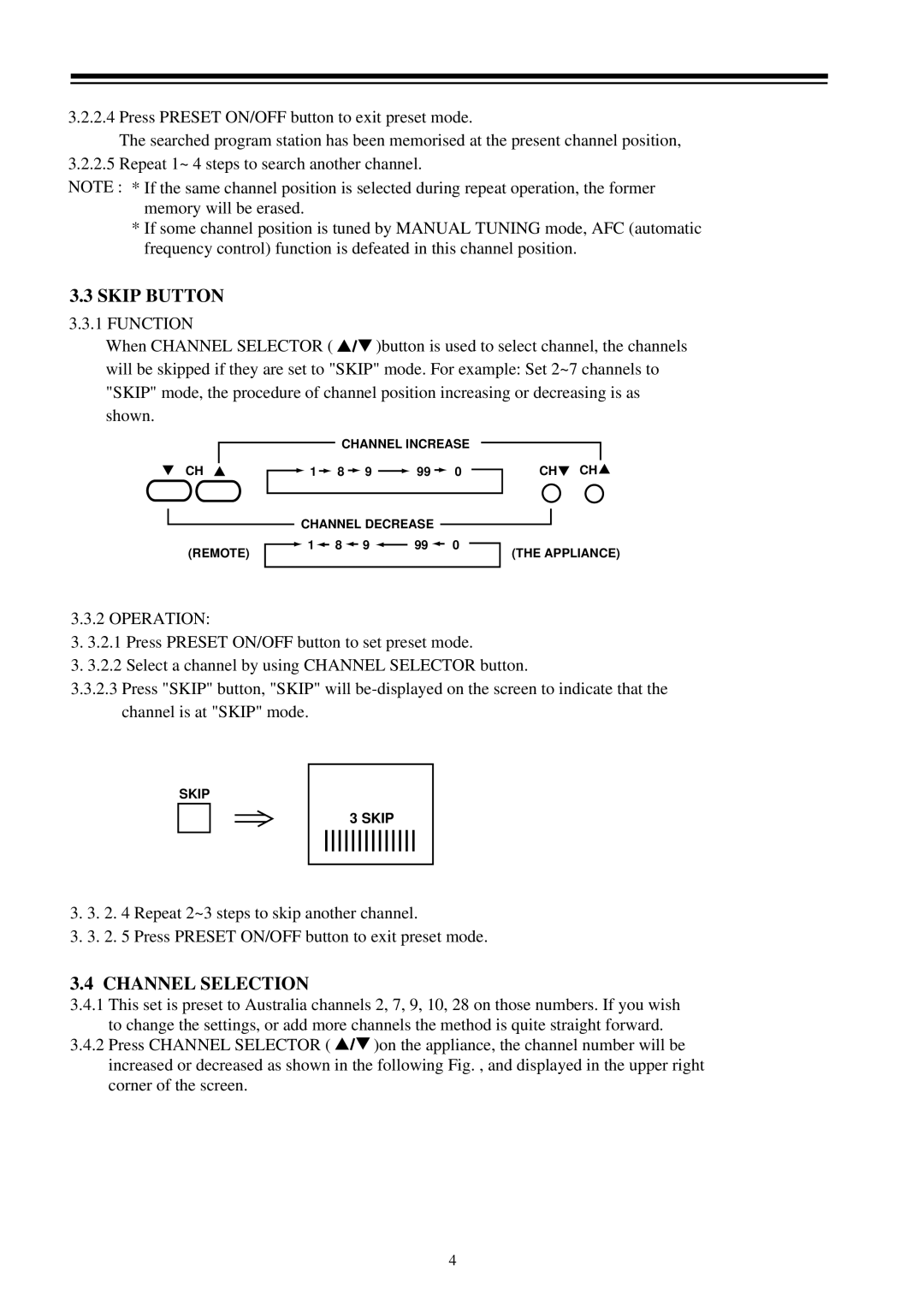 Palsonic 3499 owner manual Skip Button, Channel Selection, Function, Operation 