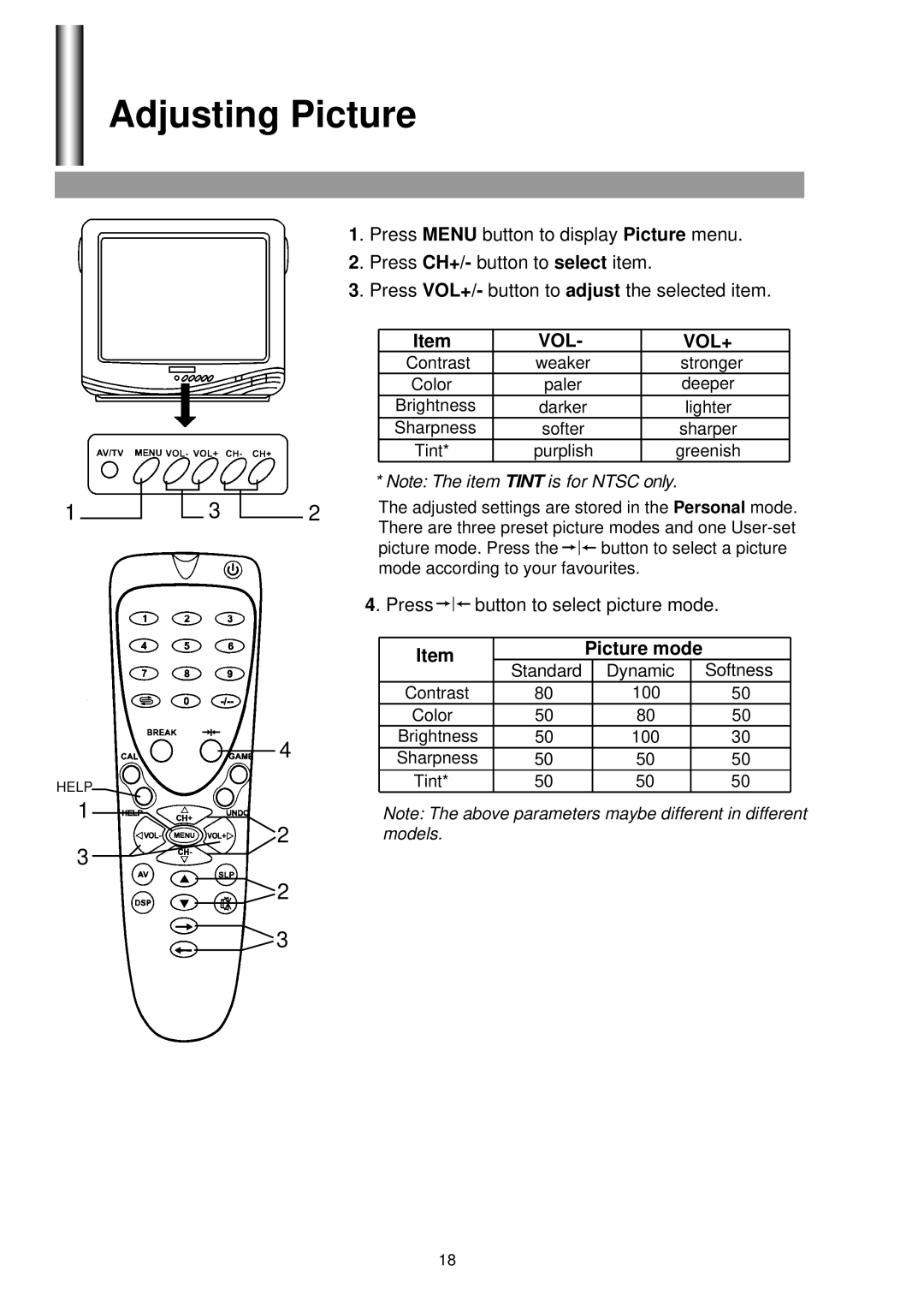 Palsonic 3499G owner manual Adjusting Picture, Picture mode 