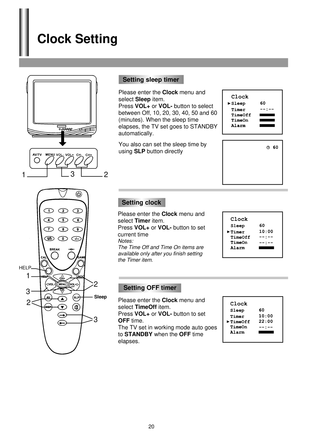 Palsonic 3499G owner manual Clock Setting, Setting sleep timer, Setting clock, Setting OFF timer 