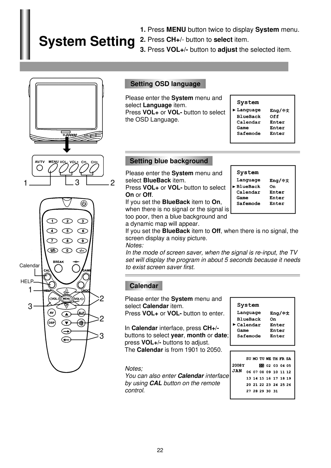 Palsonic 3499G owner manual Setting OSD language, Setting blue background, Calendar 