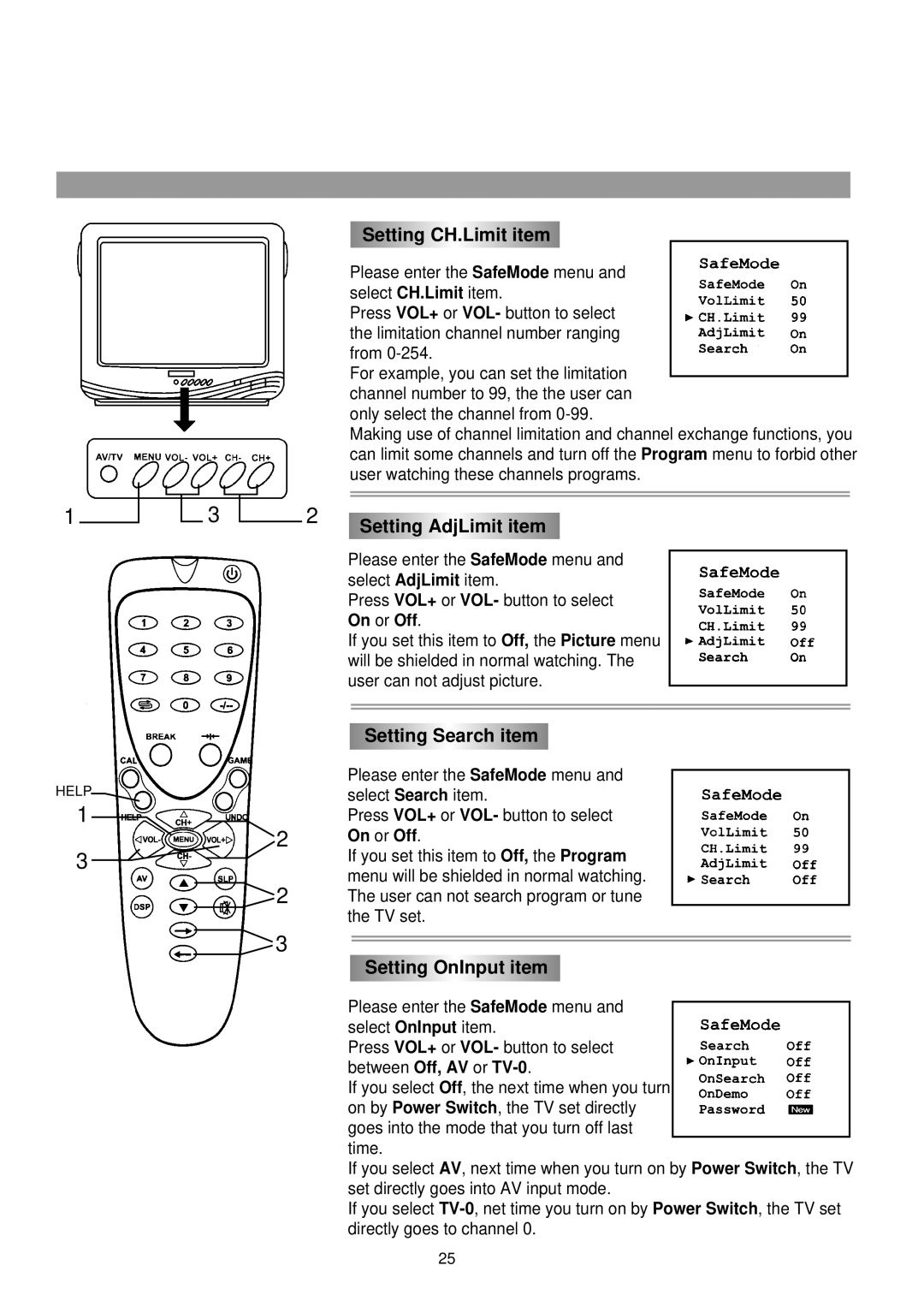 Palsonic 3499G owner manual Setting CH.Limit item, Setting AdjLimit item, Setting Search item, Setting OnInput item 