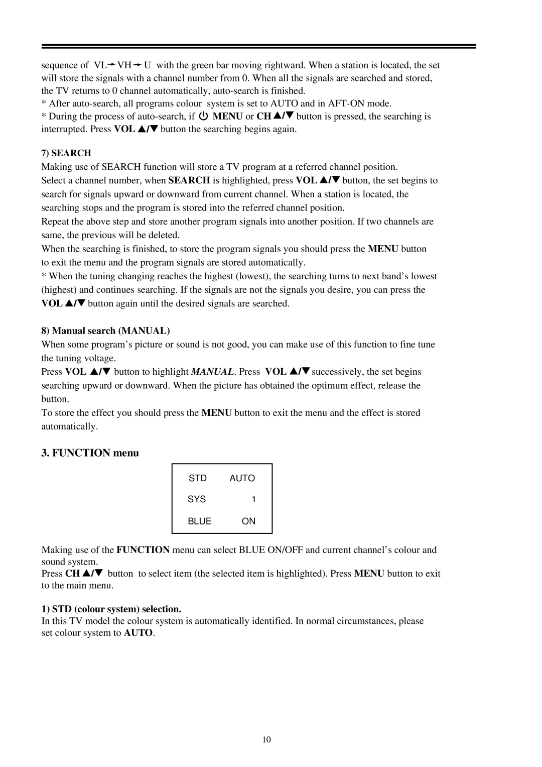 Palsonic 3499M owner manual Function menu, Manual search Manual, STD colour system selection 