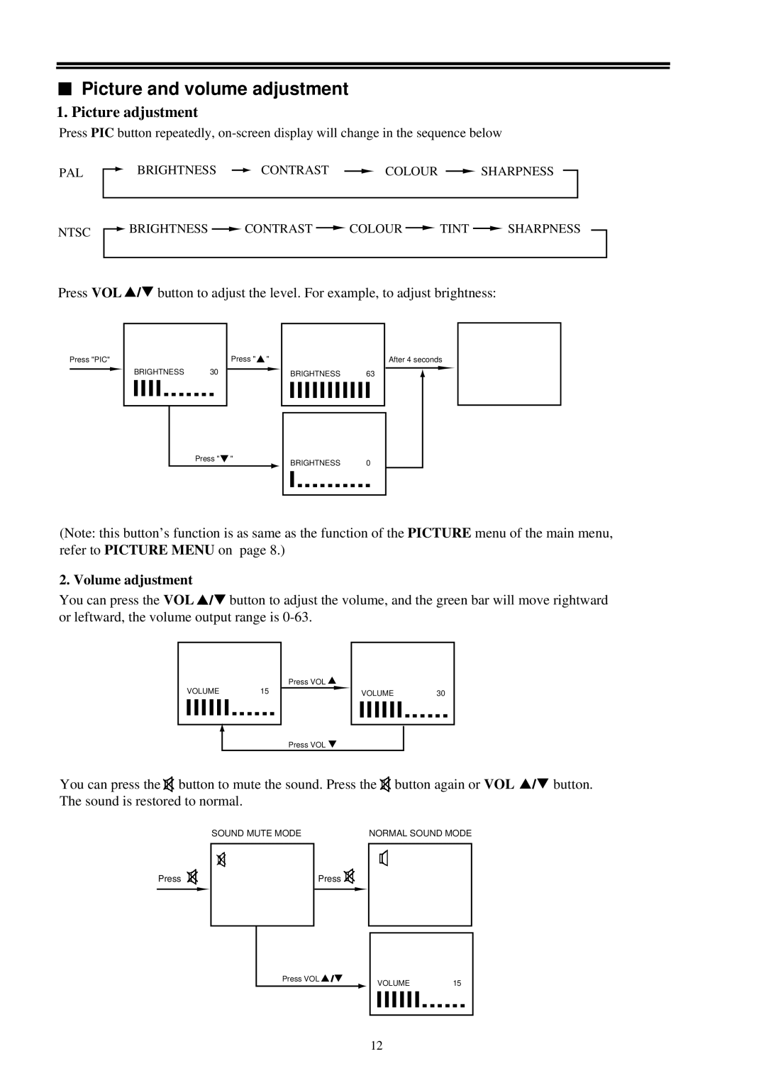 Palsonic 3499M owner manual Picture and volume adjustment, Picture adjustment, Volume adjustment 