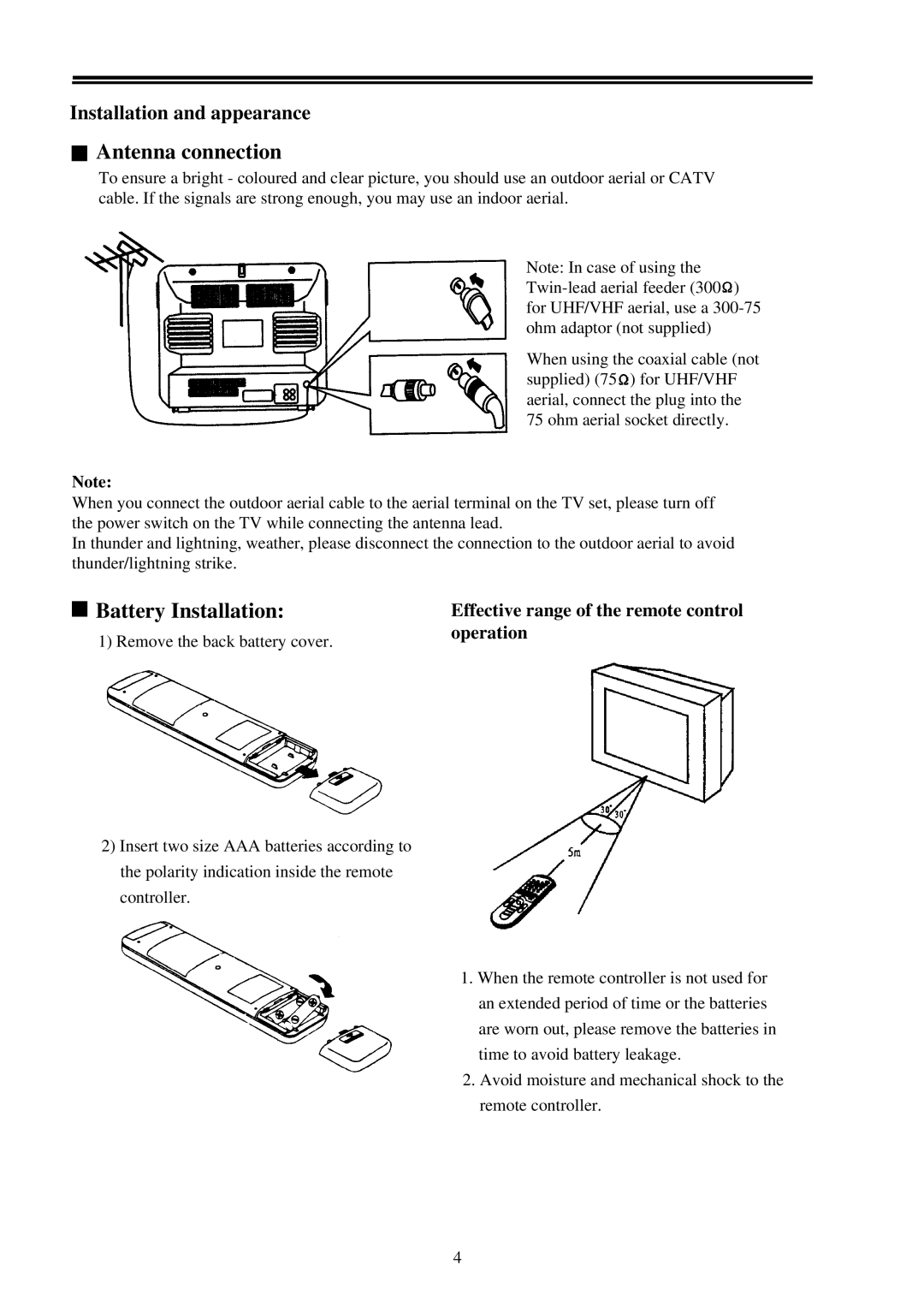 Palsonic 3499M owner manual Effective range of the remote control, Operation, Remove the back battery cover 