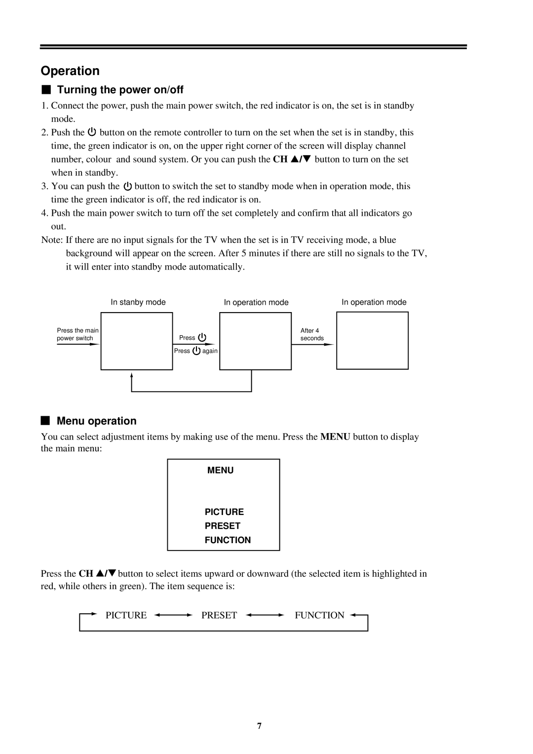 Palsonic 3499M owner manual Operation, Turning the power on/off 