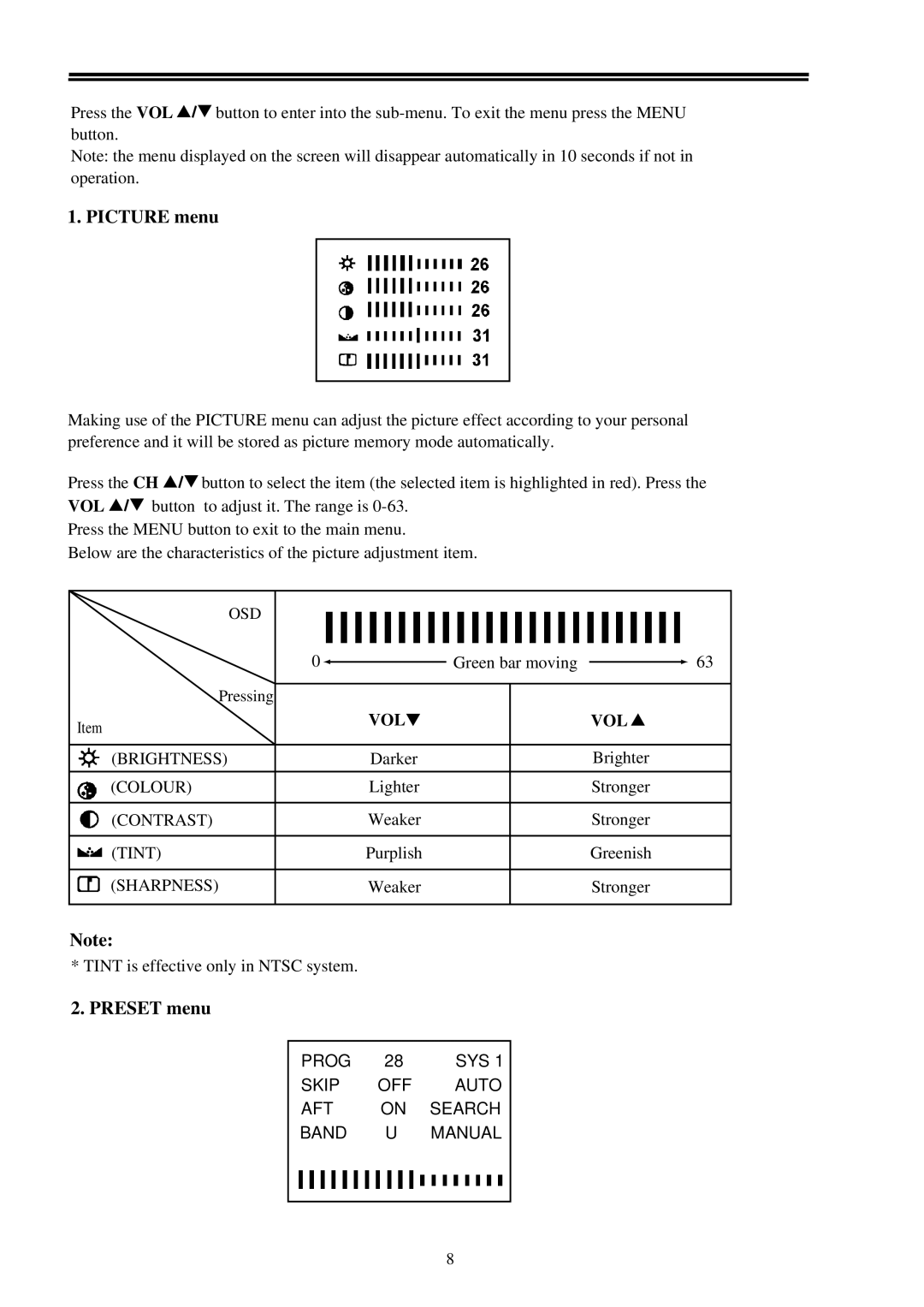 Palsonic 3499M owner manual Picture menu, Preset menu 