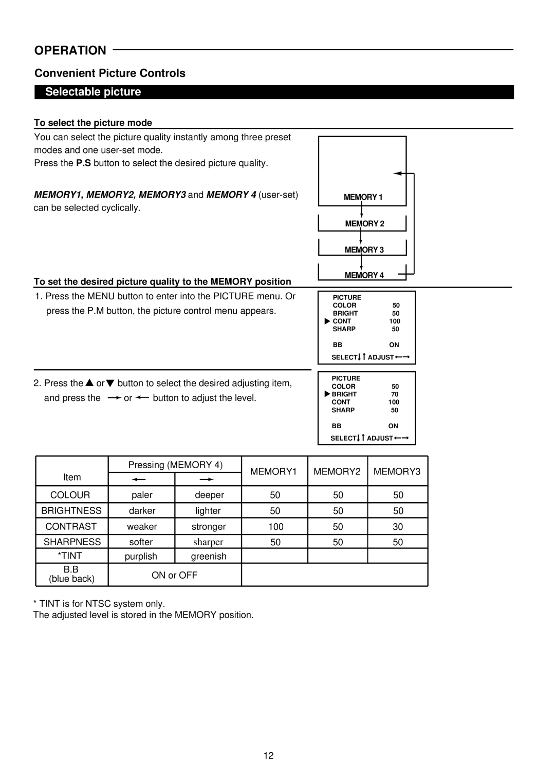 Palsonic 3499P owner manual Convenient Picture Controls, Selectable picture, To select the picture mode 