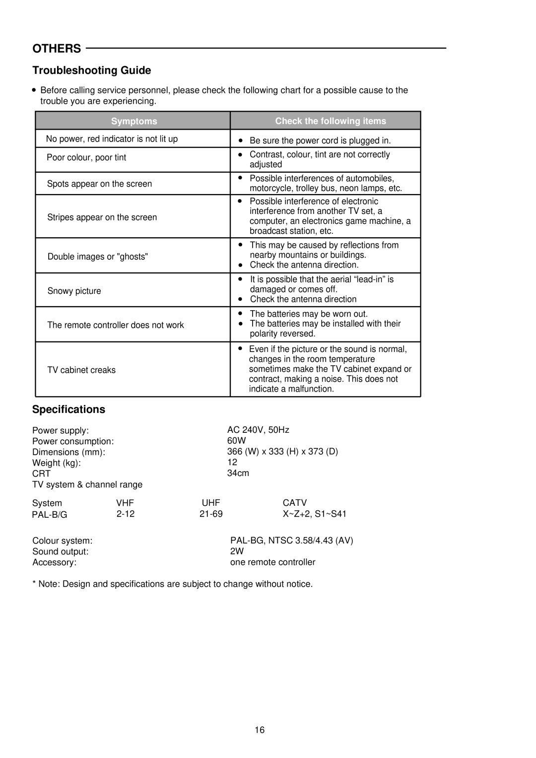 Palsonic 3499P owner manual Others, Troubleshooting Guide, Specifications, Crt, VHF UHF Catv PAL-B/G 