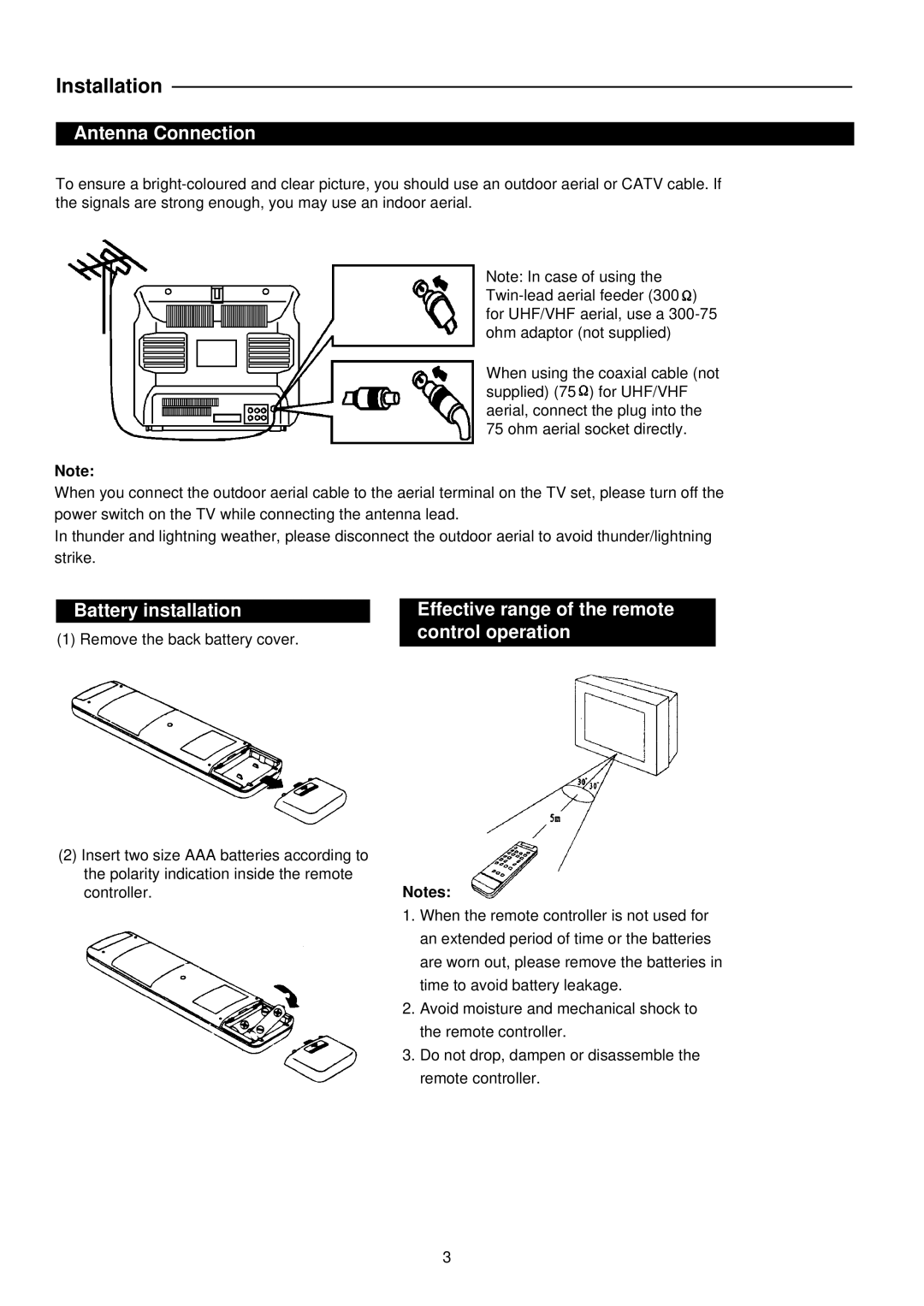 Palsonic 3499P owner manual Antenna Connection, Battery installation, Effective range of the remote control operation 