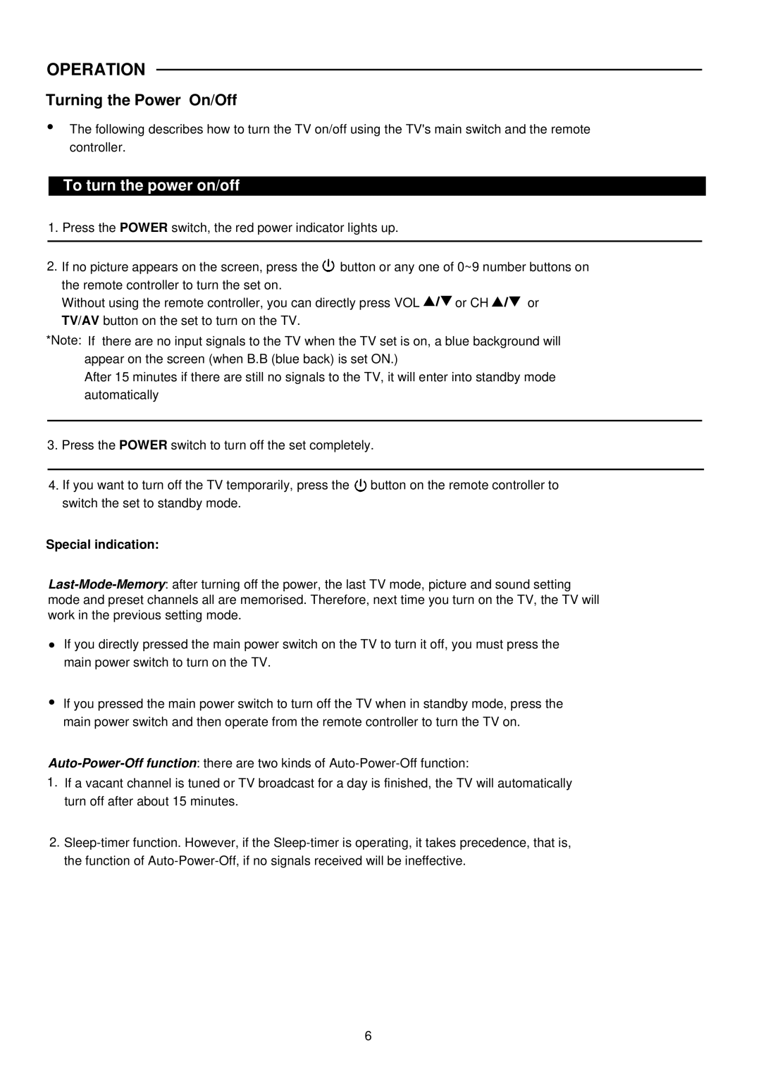 Palsonic 3499P owner manual Operation, Turning the Power On/Off, To turn the power on/off, Special indication 