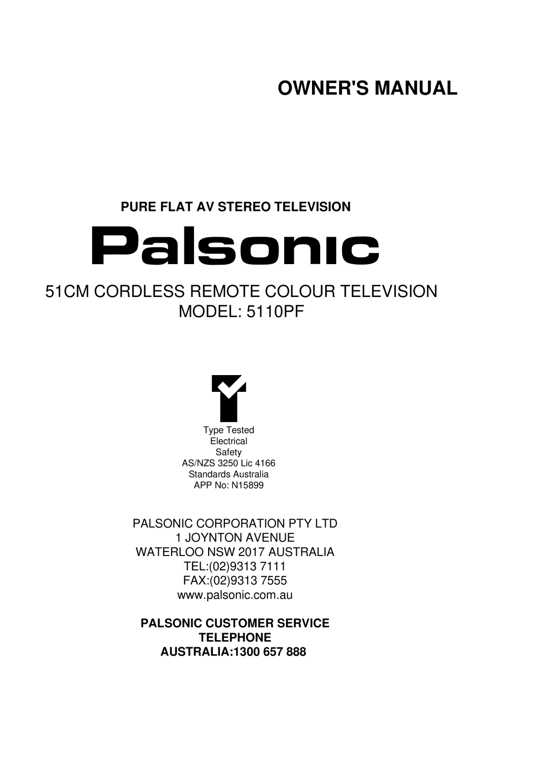 Palsonic owner manual 51CM Cordless Remote Colour Television Model 5110PF 