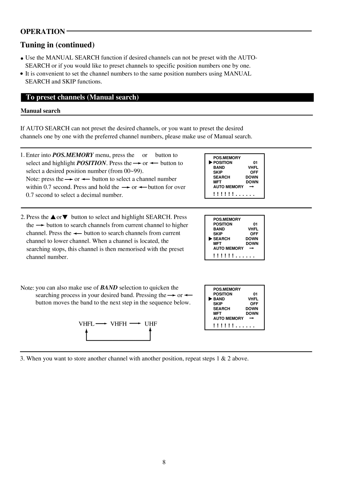 Palsonic 5110PF owner manual To preset channels Manual search, Vhfl Vhfh UHF 