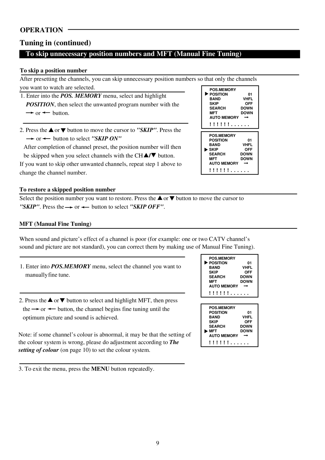 Palsonic 5110PF owner manual To skip a position number, To restore a skipped position number, MFT Manual Fine Tuning 