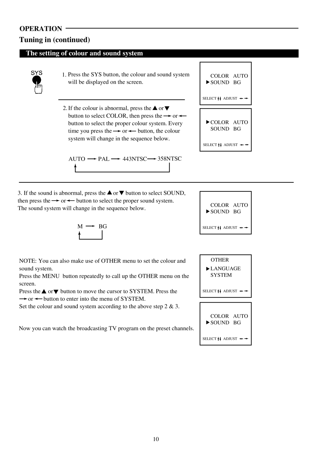 Palsonic 5110PF owner manual Setting of colour and sound system, Auto PAL 443NTSC 358NTSC 