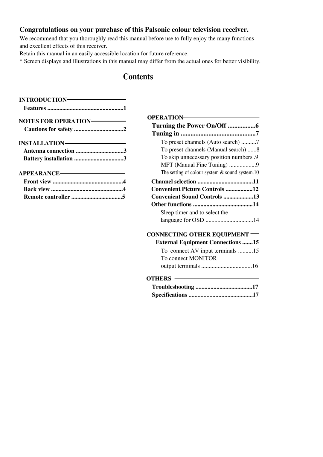 Palsonic 5110PF owner manual Contents 